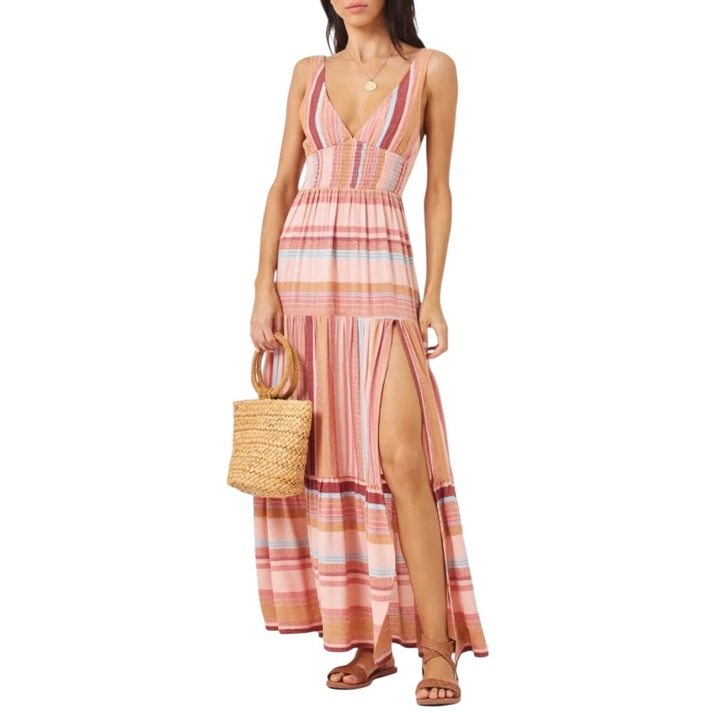 L Space Santa Babydoll Monica Stripe V-Neck Maxi Dress S/M Beige A005819